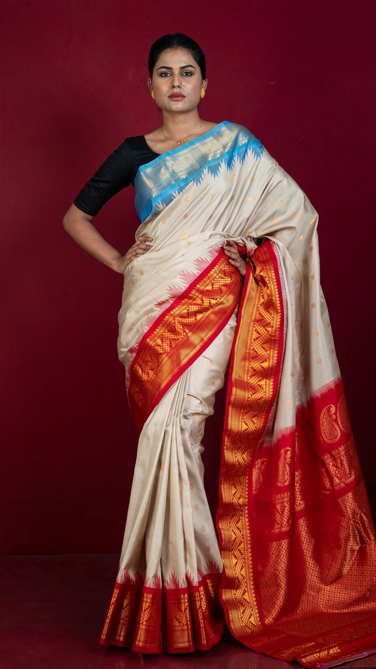 Royal Gadwal Pure Silk Saree - White, Blue & Red Border