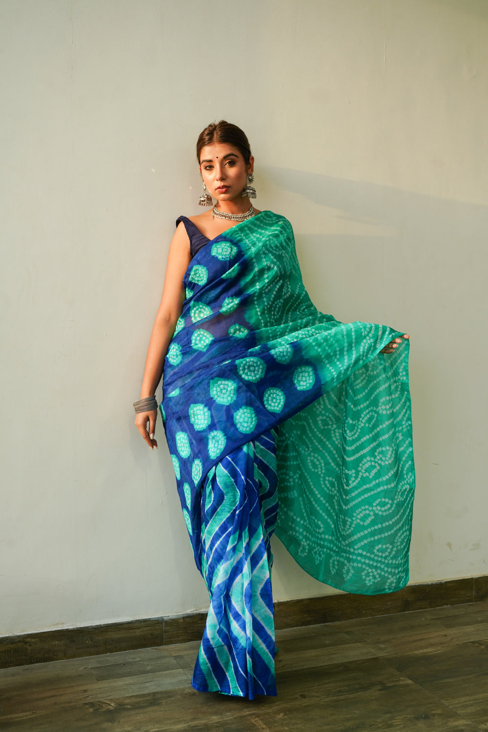 Peacock Blue Green Leheriya Saree-0