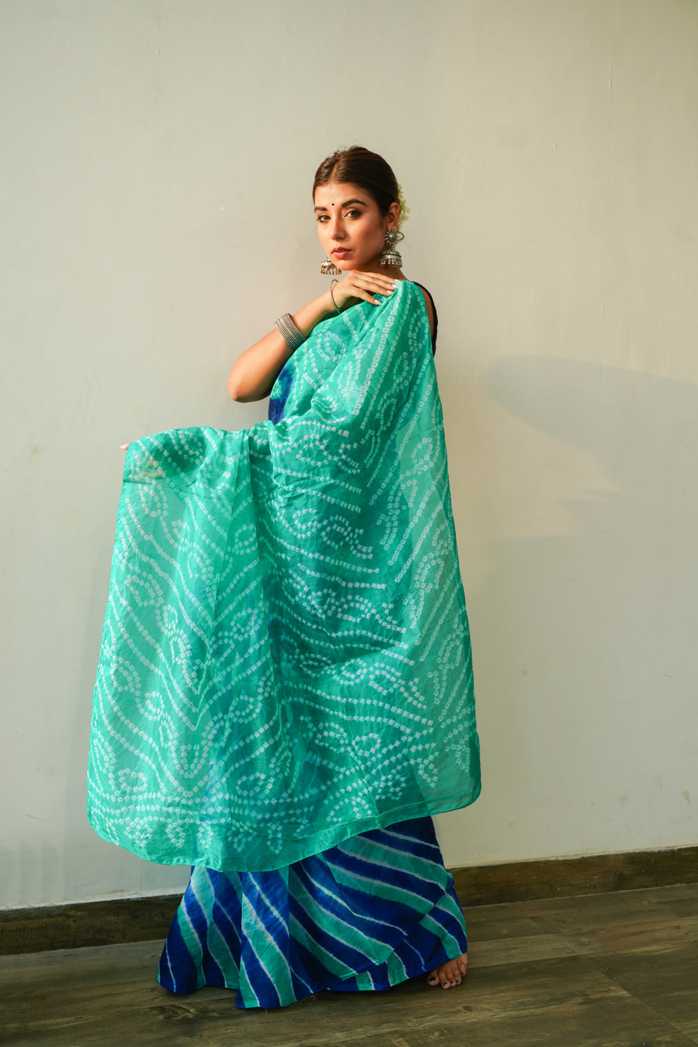 Peacock Blue Green Leheriya Saree-1