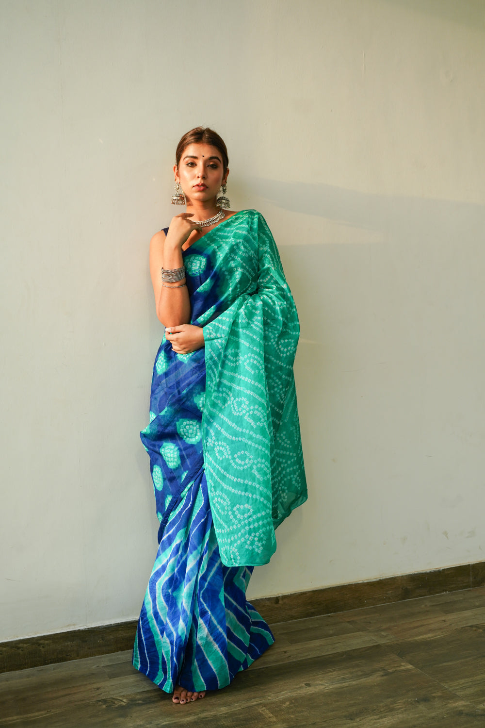 Peacock Blue Green Leheriya Saree-3