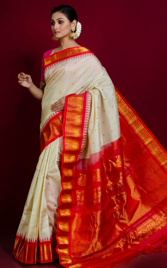 Royal Gadwal Pure Silk Saree - White & Red Border